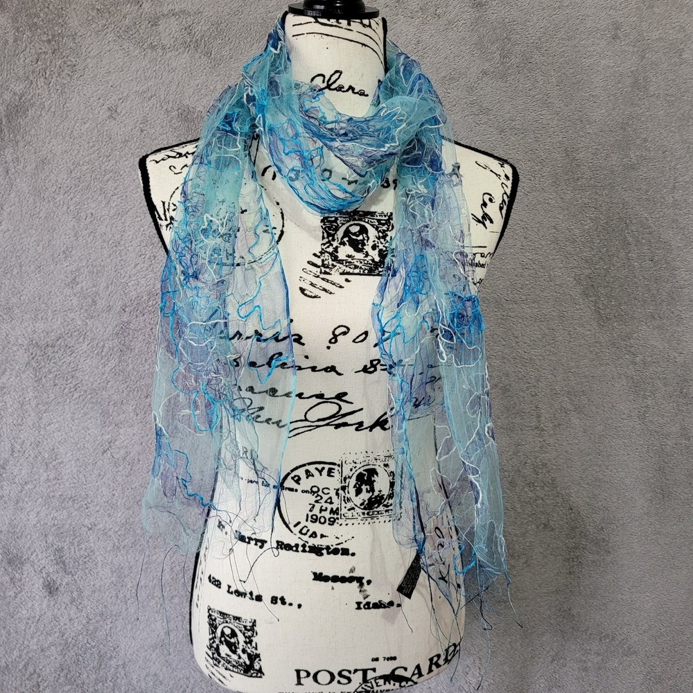 Fleurs 100% silk blue floral embroidered scarf sheer wrap luxury bright‎ spring